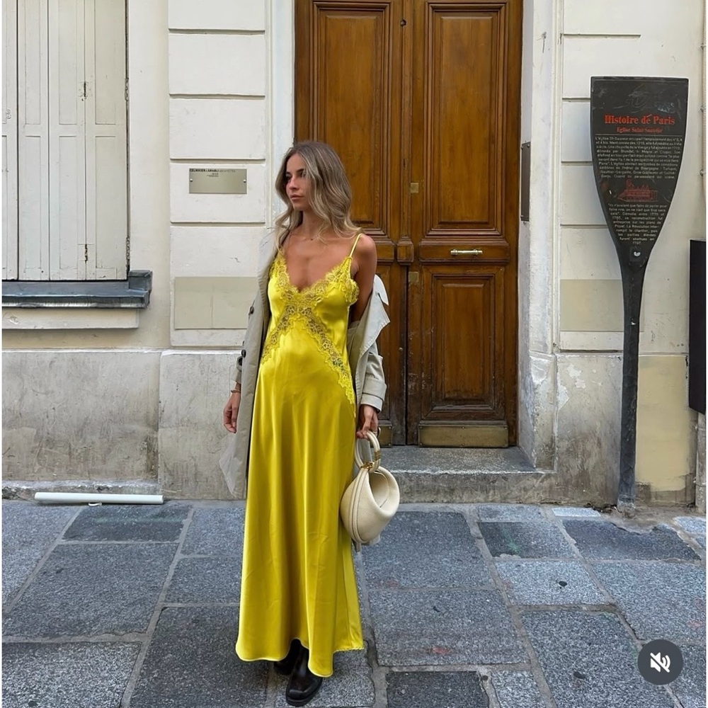 Zara Lace-Trim Slip Satin Maxi Dress in Mustard Chartreuse Yellow - Picture 3 of 15